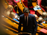 Gabriel Attal, former Prime Minister, deputy, and president of the Ensemble pour la Republique group (EPR), is seen during the questions to...