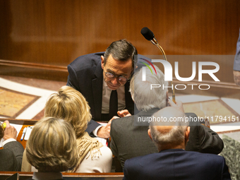 In Paris, France, on November 19, 2024, Bruno Retailleau, Minister for the Interior, speaks to Prime Minister Michel Barnier during the ques...