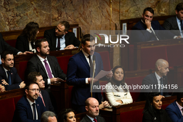 In Paris, France, on November 19, 2024, Jordan Guitton, deputy of the Rassemblement National group, speaks during the session of questions t...