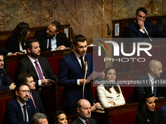 In Paris, France, on November 19, 2024, Jordan Guitton, deputy of the Rassemblement National group, speaks during the session of questions t...