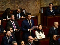 In Paris, France, on November 19, 2024, Jordan Guitton, deputy of the Rassemblement National group, speaks during the session of questions t...