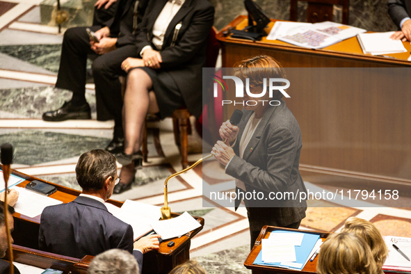 Annie Genevard, the French Minister of Agriculture, Food Sovereignty, and Forestry, speaks at the public session of questions to the French...