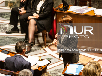 Annie Genevard, the French Minister of Agriculture, Food Sovereignty, and Forestry, speaks at the public session of questions to the French...