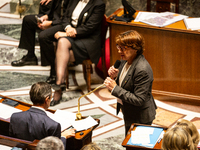 Annie Genevard, the French Minister of Agriculture, Food Sovereignty, and Forestry, speaks at the public session of questions to the French...