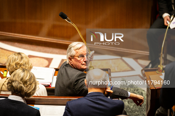 French Prime Minister Michel Barnier is seen during the questions to the government session at the National Assembly in Paris, France, on No...