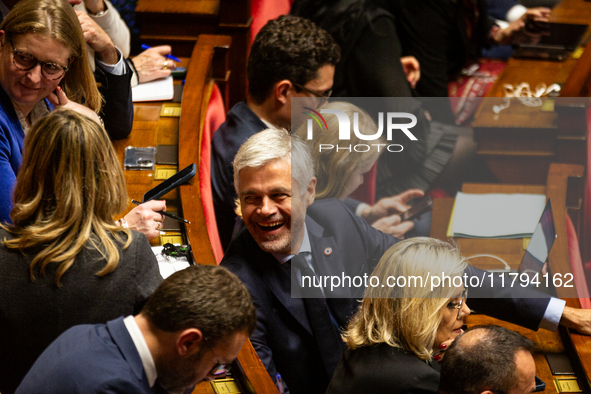 Laurent Wauquiez, President of the Droite Republicaine group, is seen during the session of questions to the French government at the Nation...