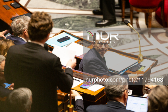 Bruno Retailleau, Minister for the Interior, is seen during the questions to the government session at the National Assembly in Paris, Franc...