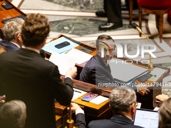 Bruno Retailleau, Minister for the Interior, is seen during the questions to the government session at the National Assembly in Paris, Franc...