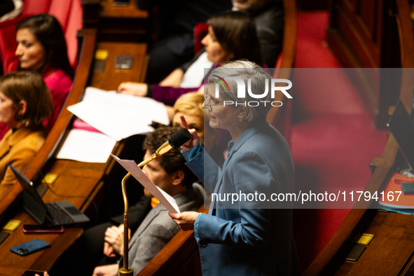 Sandrine Rousseau, deputy of the Ecologiste et Social group, speaks during the questions to the government session at the National Assembly...