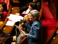 Sandrine Rousseau, deputy of the Ecologiste et Social group, speaks during the questions to the government session at the National Assembly...