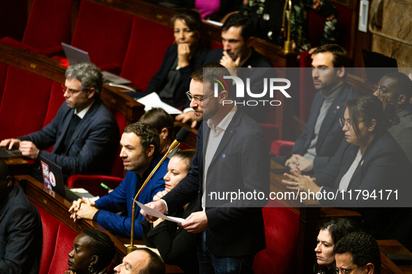 In Paris, France, on November 19, 2024, Emmanuel Fernandes, deputy of the La France Insoumise - Nouveau Front Populaire group, speaks during...