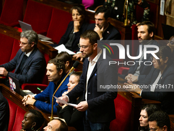 In Paris, France, on November 19, 2024, Emmanuel Fernandes, deputy of the La France Insoumise - Nouveau Front Populaire group, speaks during...