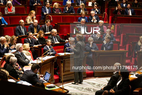 Annie Genevard, the French Minister of Agriculture, Food Sovereignty, and Forestry, speaks at the public session of questions to the French...