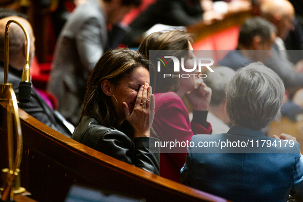 Elsa Faucillon, deputy of the Gauche Democrate et Republicaine group, is seen during the session of questions to the French government at th...