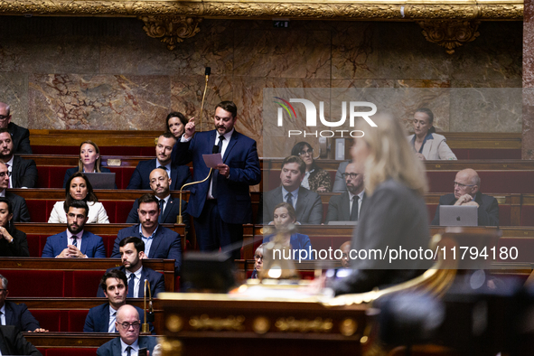 Thibaut Monnier, deputy of the Rassemblement National group, speaks during the session of questions to the French government at the National...