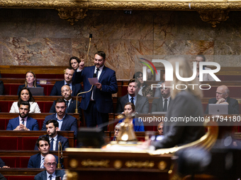 Thibaut Monnier, deputy of the Rassemblement National group, speaks during the session of questions to the French government at the National...