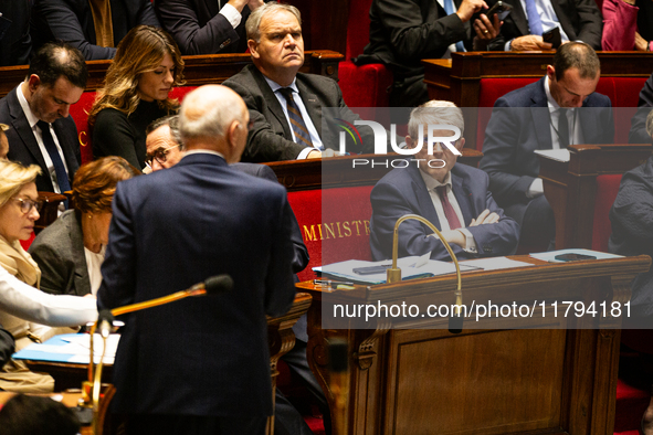 Patrick Hetzel, Minister of Higher Education and Research, listens to the speech of Didier Migaud, Keeper of the Seals and Minister of Justi...