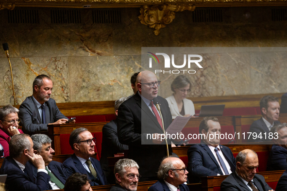 Stephane Lenormand, deputy of the LIOT group, speaks during the session of questions to the French government at the National Assembly in Pa...