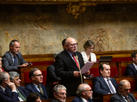 Stephane Lenormand, deputy of the LIOT group, speaks during the session of questions to the French government at the National Assembly in Pa...