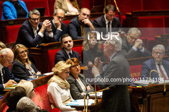 In Paris, France, on November 19, 2024, French Prime Minister Michel Barnier speaks during the questions to the government session at the Na...