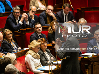 In Paris, France, on November 19, 2024, French Prime Minister Michel Barnier speaks during the questions to the government session at the Na...