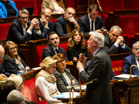 In Paris, France, on November 19, 2024, French Prime Minister Michel Barnier speaks during the questions to the government session at the Na...