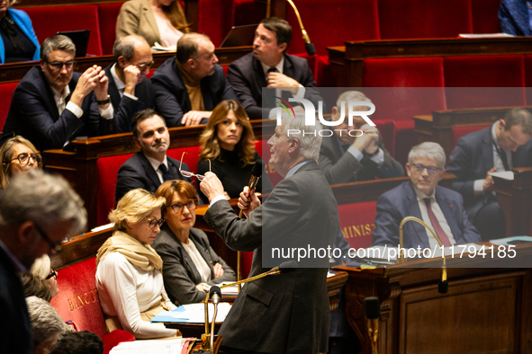 In Paris, France, on November 19, 2024, French Prime Minister Michel Barnier speaks during the questions to the government session at the Na...