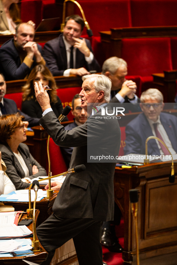 In Paris, France, on November 19, 2024, French Prime Minister Michel Barnier speaks during the questions to the government session at the Na...