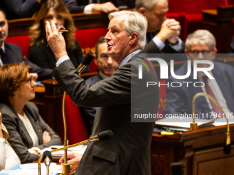 In Paris, France, on November 19, 2024, French Prime Minister Michel Barnier speaks during the questions to the government session at the Na...