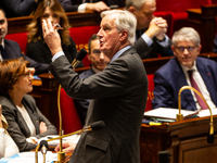 In Paris, France, on November 19, 2024, French Prime Minister Michel Barnier speaks during the questions to the government session at the Na...