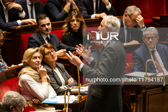 In Paris, France, on November 19, 2024, French Prime Minister Michel Barnier speaks during the questions to the government session at the Na...