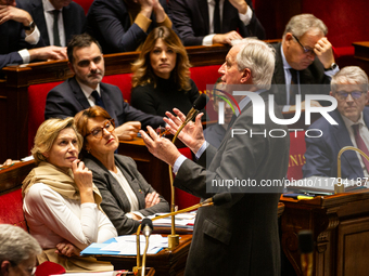 In Paris, France, on November 19, 2024, French Prime Minister Michel Barnier speaks during the questions to the government session at the Na...