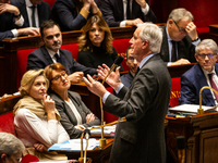 In Paris, France, on November 19, 2024, French Prime Minister Michel Barnier speaks during the questions to the government session at the Na...