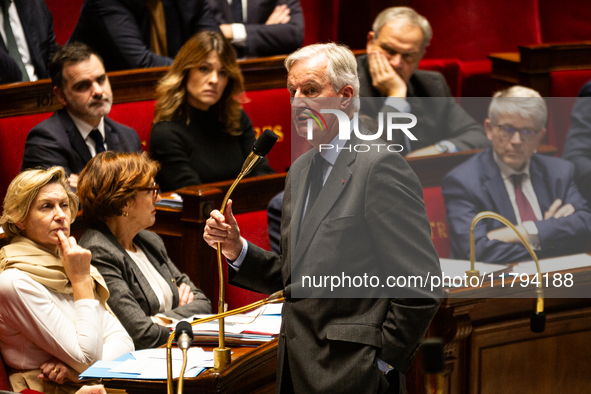 In Paris, France, on November 19, 2024, French Prime Minister Michel Barnier speaks during the questions to the government session at the Na...