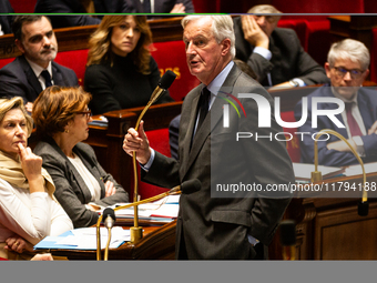 In Paris, France, on November 19, 2024, French Prime Minister Michel Barnier speaks during the questions to the government session at the Na...