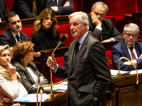 In Paris, France, on November 19, 2024, French Prime Minister Michel Barnier speaks during the questions to the government session at the Na...