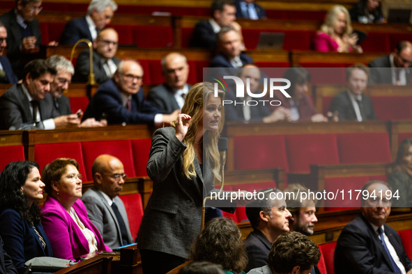 Celine Hervieu, deputy of the Socialistes et Apparentes group, speaks during the session of questions to the French government at the Nation...