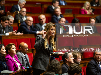 Celine Hervieu, deputy of the Socialistes et Apparentes group, speaks during the session of questions to the French government at the Nation...