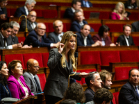 Celine Hervieu, deputy of the Socialistes et Apparentes group, speaks during the session of questions to the French government at the Nation...