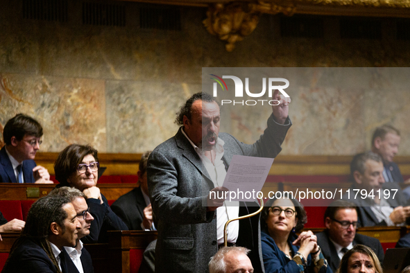 Benoit Biteau, deputy of the Ecologiste et Social group, speaks during the session of questions to the French government at the National Ass...