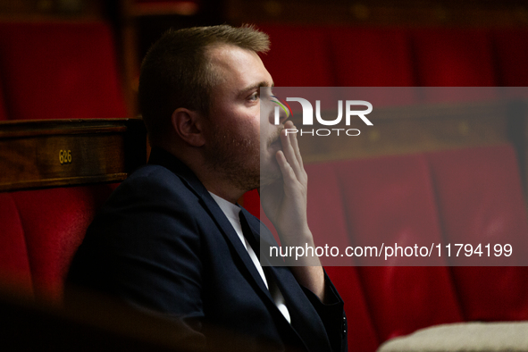 Louis Boyard, deputy of the La France Insoumise - Nouveau Front Populaire group, is seen during the questions to the government session at t...