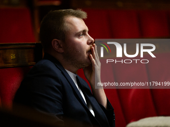 Louis Boyard, deputy of the La France Insoumise - Nouveau Front Populaire group, is seen during the questions to the government session at t...