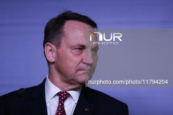 Polish Minister of Foreign Affairs Radoslaw Sikorski holds a press briefing after a meeting involving the EU Big Five and the UK Ministers o...