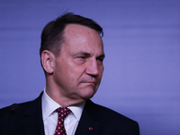 Polish Minister of Foreign Affairs Radoslaw Sikorski holds a press briefing after a meeting involving the EU Big Five and the UK Ministers o...