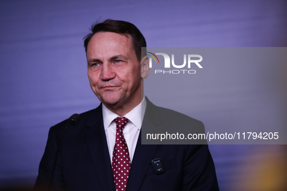 Polish Minister of Foreign Affairs Radoslaw Sikorski holds a press briefing after a meeting involving the EU Big Five and the UK Ministers o...