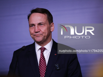 Polish Minister of Foreign Affairs Radoslaw Sikorski holds a press briefing after a meeting involving the EU Big Five and the UK Ministers o...