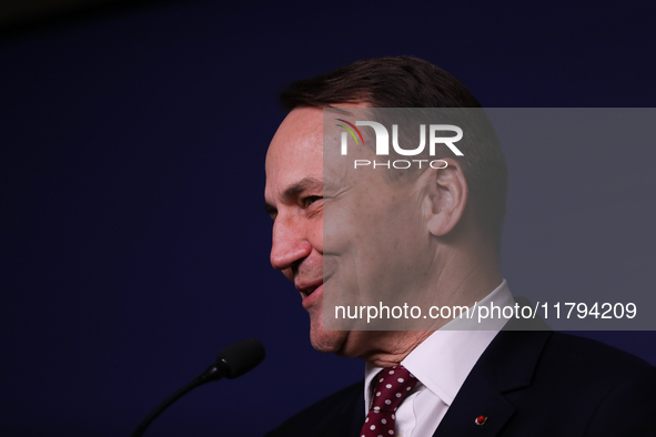 Polish Minister of Foreign Affairs Radoslaw Sikorski holds a press briefing after a meeting involving the EU Big Five and the UK Ministers o...