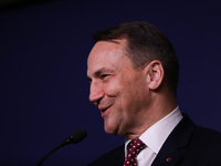 Polish Minister of Foreign Affairs Radoslaw Sikorski holds a press briefing after a meeting involving the EU Big Five and the UK Ministers o...