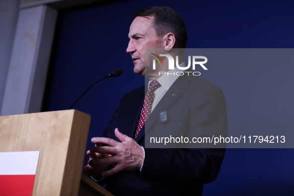 Polish Minister of Foreign Affairs Radoslaw Sikorski holds a press briefing after a meeting involving the EU Big Five and the UK Ministers o...