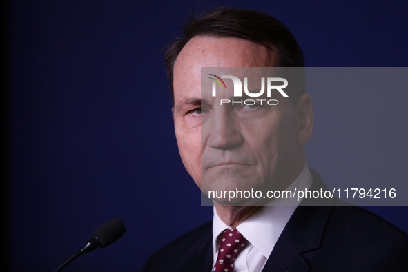 Polish Minister of Foreign Affairs Radoslaw Sikorski holds a press briefing after a meeting involving the EU Big Five and the UK Ministers o...